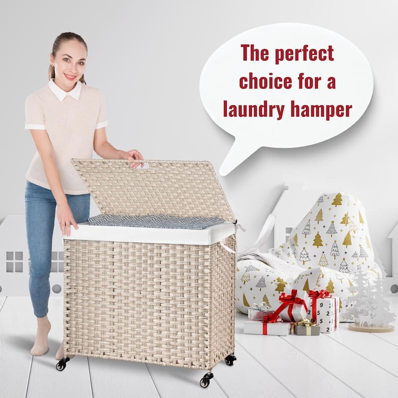 Laundry Hamper with Wheels, 160L Rattan Hampers & 2 Removable Liner Bags, Laundry Basket with Lid - 27"Lx 13.38"W x 26.18"H