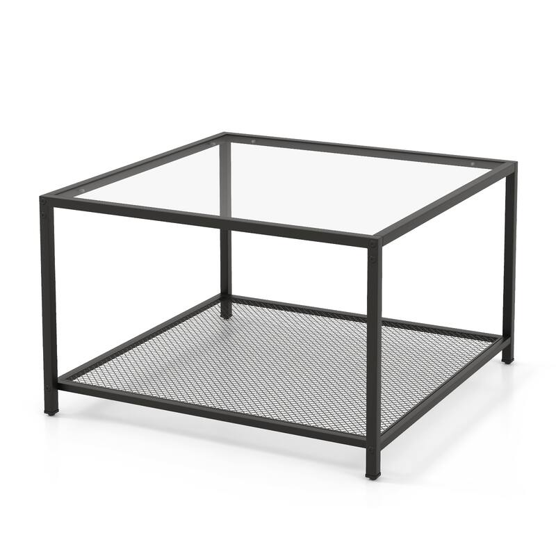 Tempered Glass and Black Metal 2-Tier Coffee Table with Mesh Shelf and 110 lbs Capacity - 27.5" x 27.5" x 18"