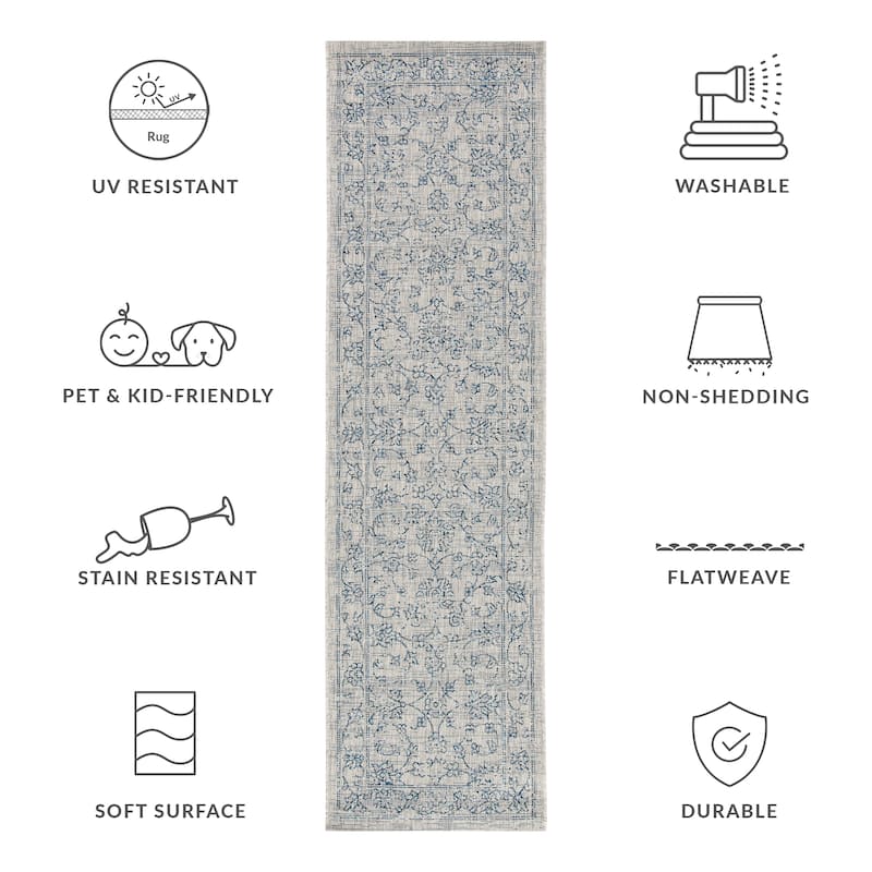 SAFAVIEH Courtyard Hasina Indoor /Outdoor Waterproof Patio Backyard Rug - 2'3" x 8' Runner - Grey/Navy