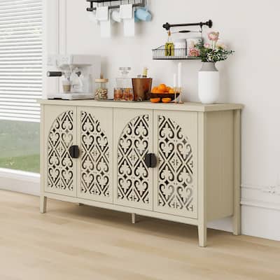 Symmetrical Carved Buffet, Storage Cabinet with Adjustable Shelves, Hollowed-out Accent Cabinet with Wood Feet