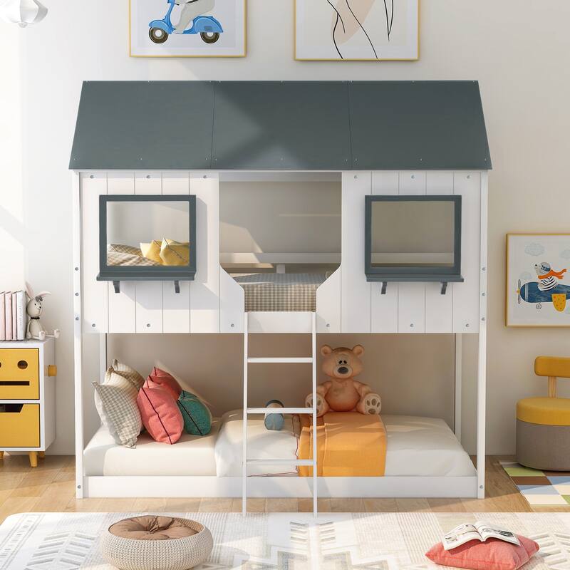 Twin Over Twin House Bunk Beds with Roof and Window, Floor Bunk Bed, Wooden Playhouse Bedframe with Safety Guardrails and Ladder