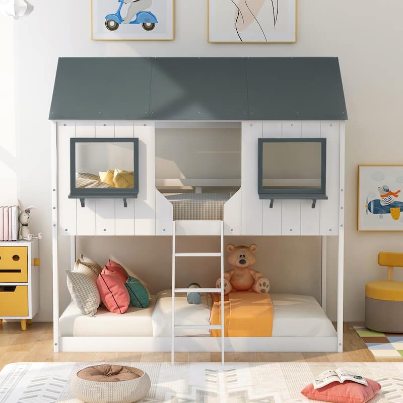 Twin Over Twin Size Bunk Platform Bed Frame with Roof and Window, Fun Playhouse Design with Guardrails, Bedroom Furniture