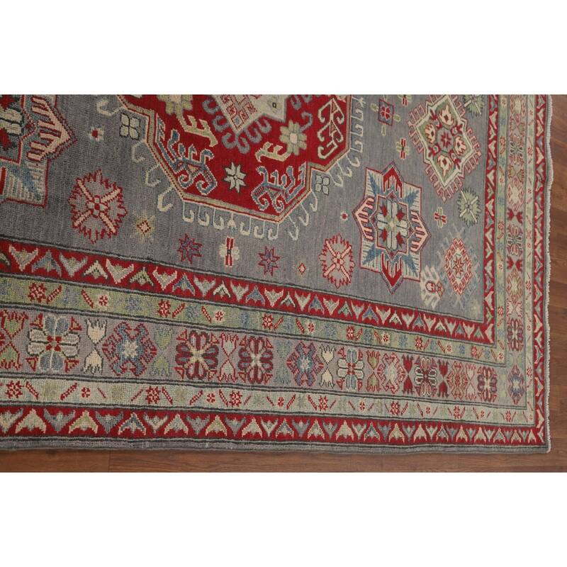 Gray Geometric Kazak Oriental Area Rug Handmade Wool Carpet - 5'7" x 7'11"