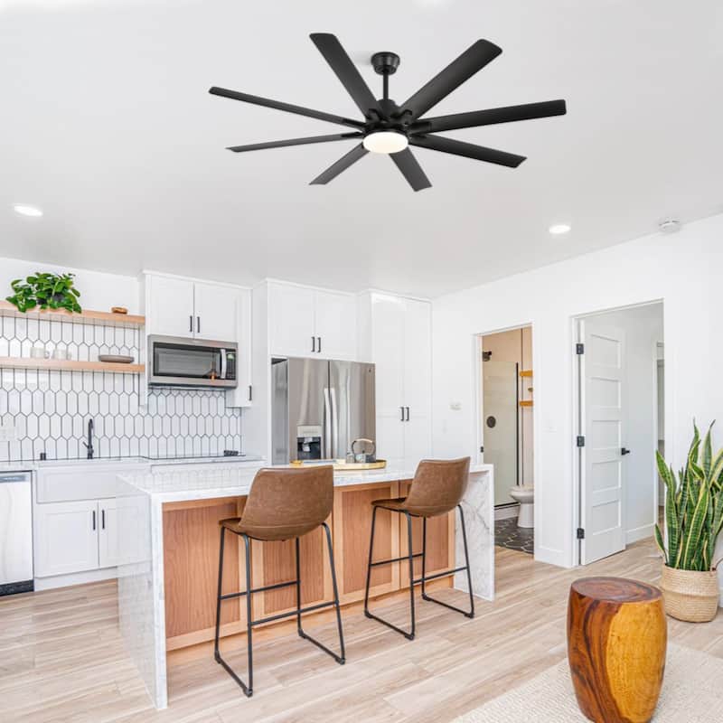 66 Inch Modern Ceiling Fan With Dimmable Led Light 8 ABS Blades Remote Control Reversible DC Motor Black For Home Office