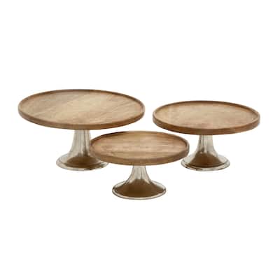 Mango Wood Decorative Cake Stand with Silver Aluminum Cone Base - Set of 3 Brown - Roche River Decor
