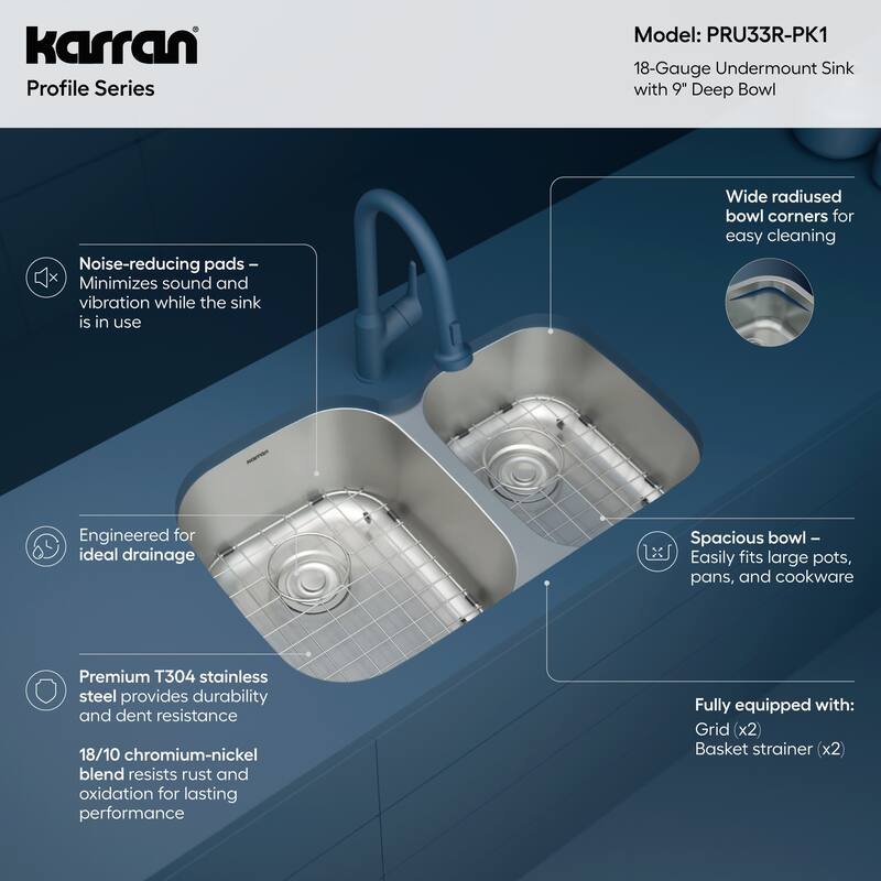 Karran Profile 31" Undermount 18 Gauge Double Offset Bowl Stainless Steel Kitchen Sink with Accessories