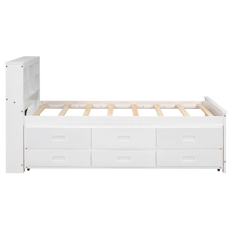 Twin & Full Size Platform Bed with Storage Headboard, USB, Twin Size Trundle and 3 Drawers