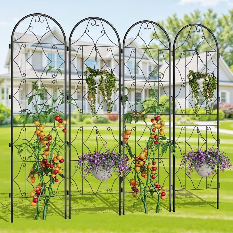 2-Pack Metal Garden Trellis for Climbing Plants Rust-Proof Panels with Scroll Design for Vines Roses and Tomatoes Black