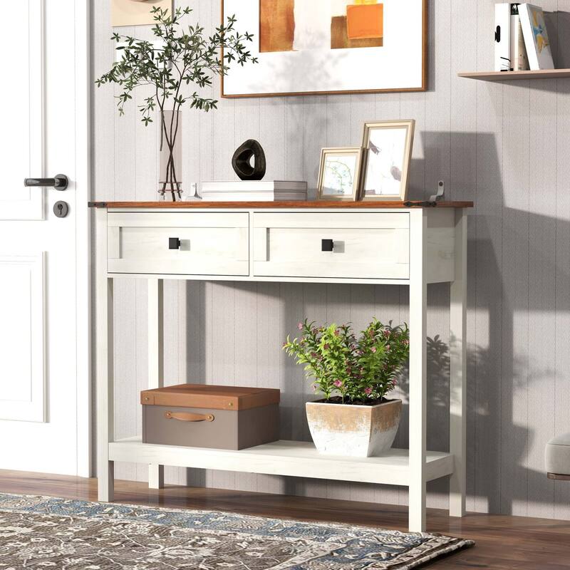 Farmhouse Style Console Table with 2 Drawers and Storage Shelf for Entryway Living Room Antique White