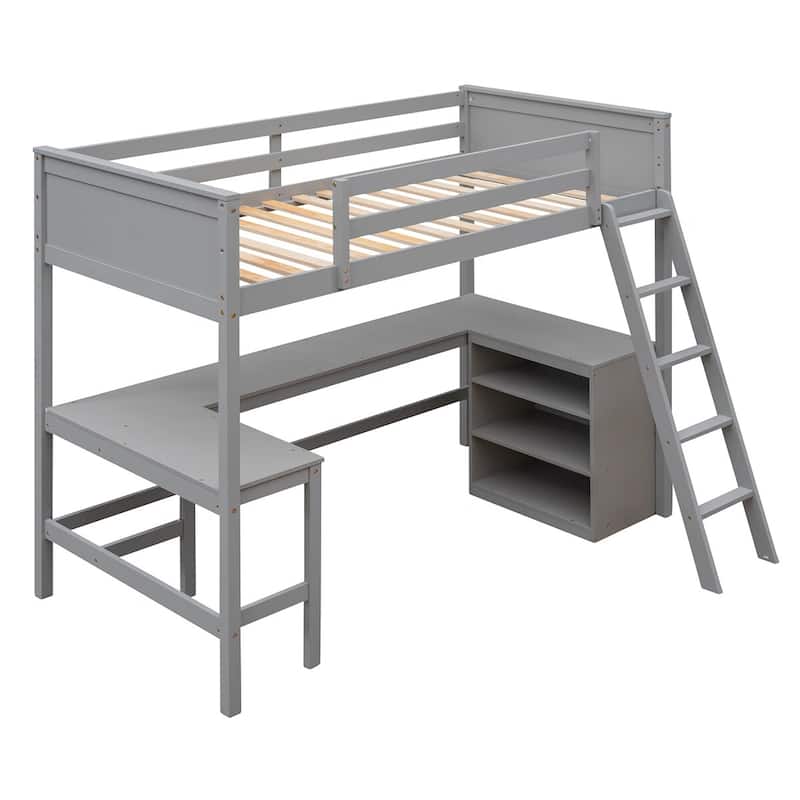 Merax Wooden Loft Bed with Shelves and Desk