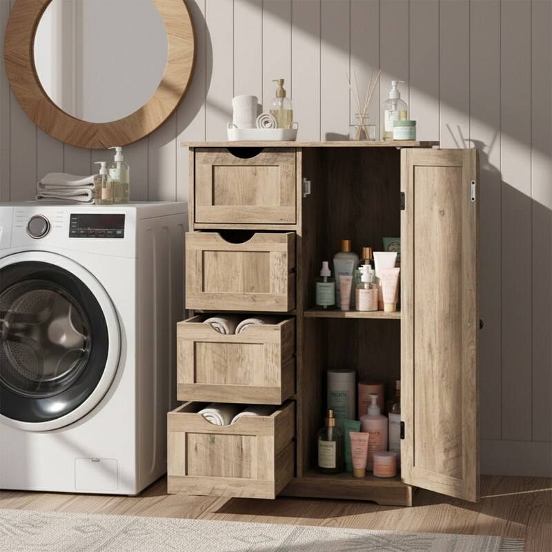 Black Bathroom Storage Cabinet with 4 Drawers and 1 Door