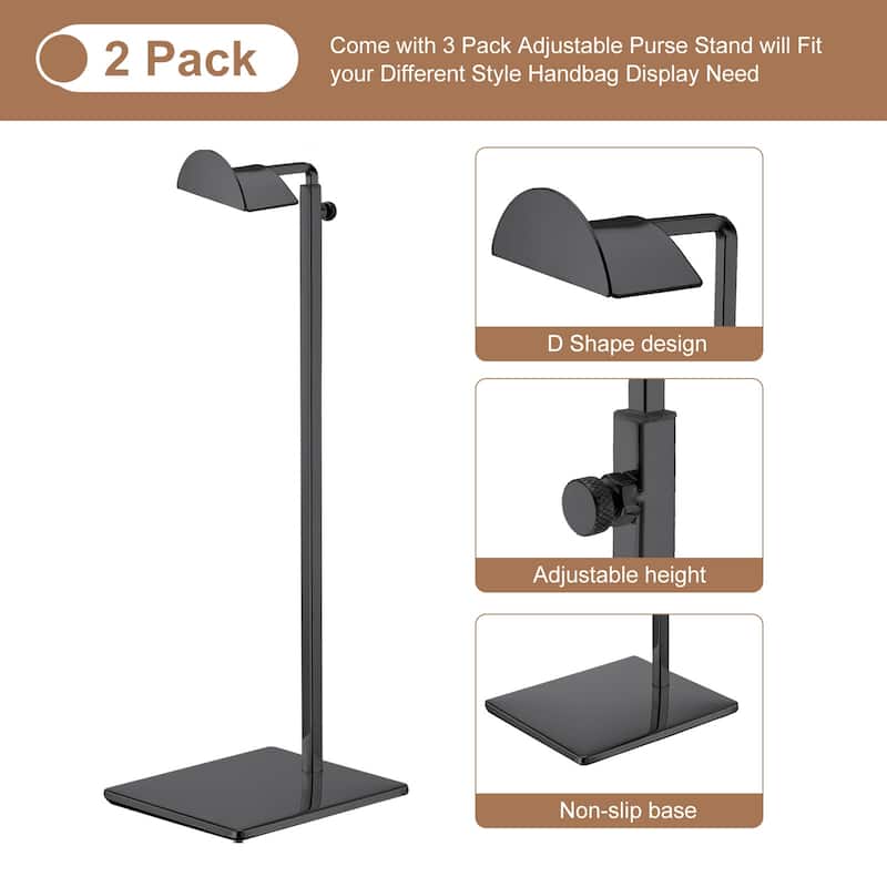 Purse Display Stand Set 2 Pack Metal Adjustable Height Handbag Rack - Black