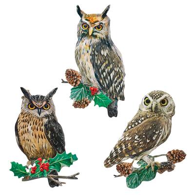 Owls with Holly & Pinecones Metal Wall Art - Set of 3 - 7 x 10.37 x 0.43