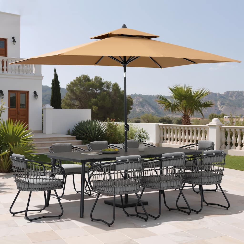11PC Outdoor Patio Dining Set Wood-Like Aluminum Umbrella Hole Table with Rattan Chairs,Double Top Market Umbrella and Base