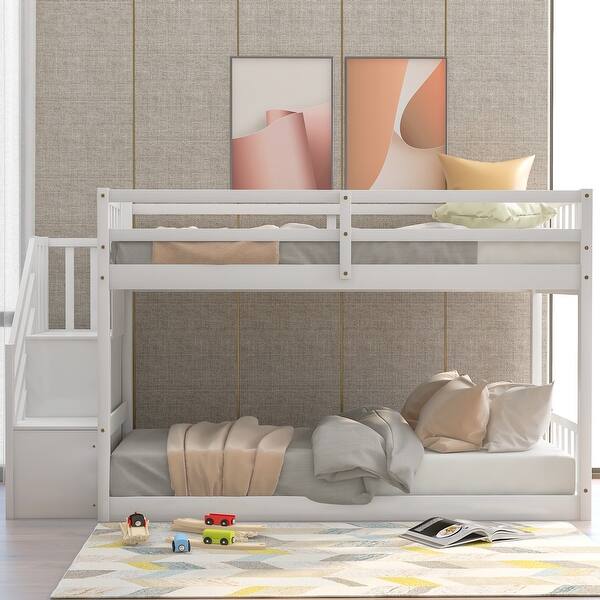 slide 2 of 12, Stylish & Simple Twin over Twin Floor Bunk Bed, 2 Side Ladders with Storage, Staircase with Banisters, For Smaller Rooms, White White