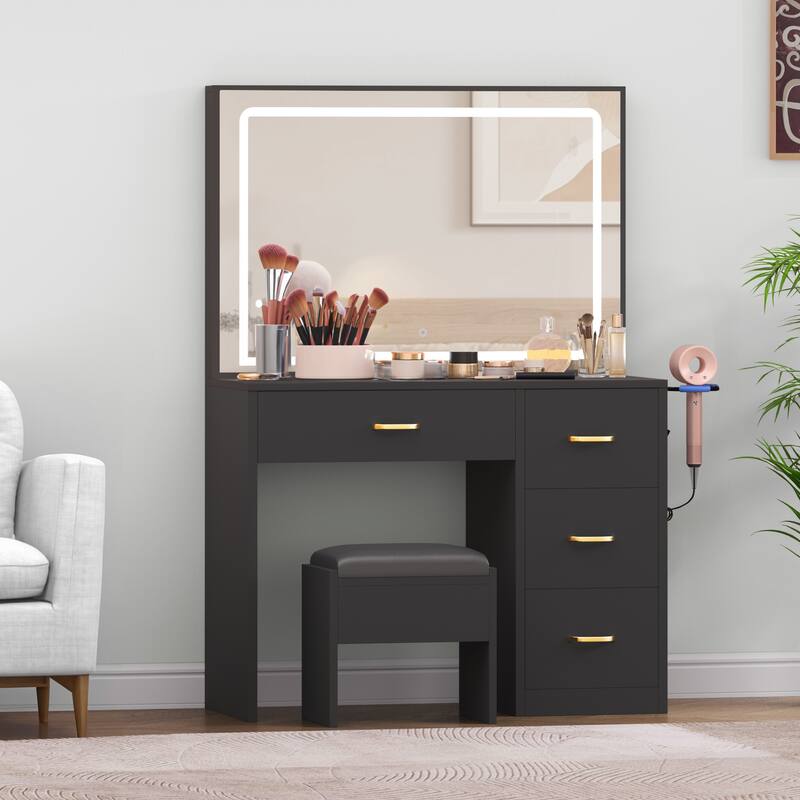 Moasis 35.4'' Vanity Built-In Outlets with Lighted Mirror - 53.5'' H X 35.4'' W X 15.7'' D - Black