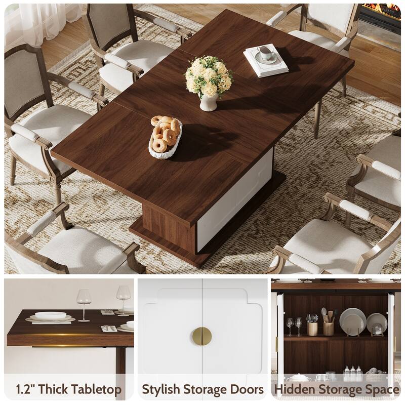 Rossetta 63" Rectangular Kitchen Dining Table with Pedestal Base and Storage Shelves, Easy Assembly