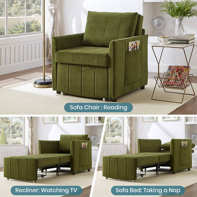 Multi-Functiona Lounge Chair, 31.5" Pull Out Upholstered Sofa Bed w/ Adjustable Backrest, Side Pockets, Fold Out Chair Bed