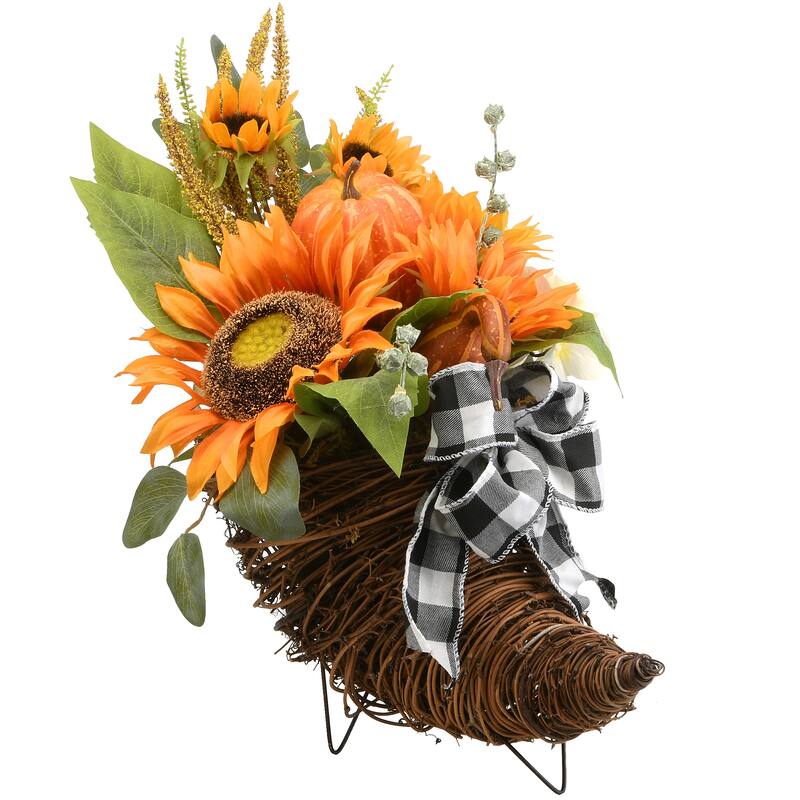 National Tree Company Artificial Wicker Cornucopia Basket with Pumpkins, Sunflower Blooms, 20 Inches - 20 in