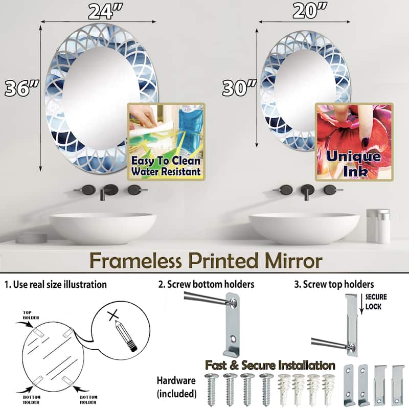 Designart "Abstract Classic Blue Waves II" Fractals Modern Wall Mirror
