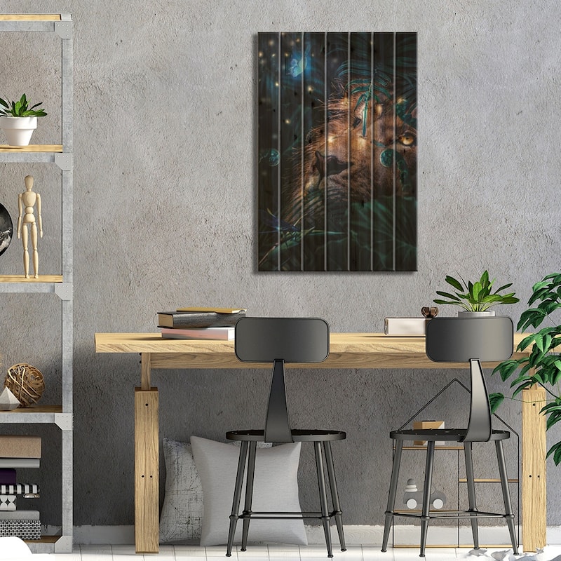 Lion In The Forest, Fireflies Lighting The Night Print On Wood by Adrian Vieriu - Multi-Color