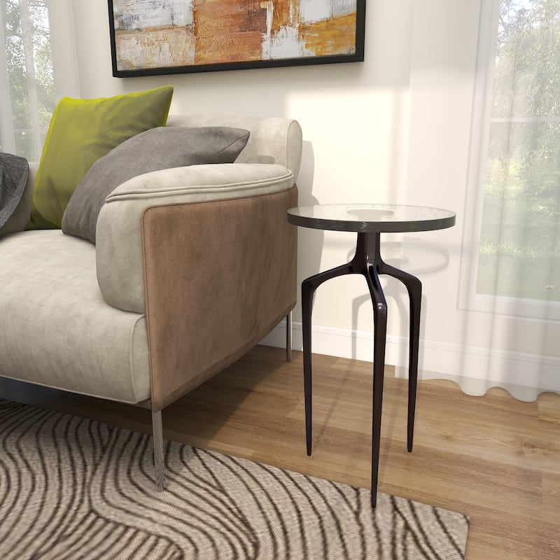 Aluminum Metal Small Tripod Accent Table with Textured Glass Tabletop - Silver, Gold or Black - Roche River Decor