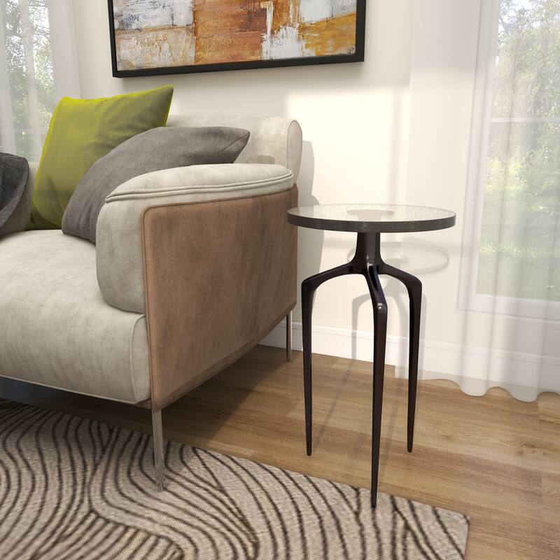 Black Aluminum Metal Accent Table with Textured Glass Tabletop