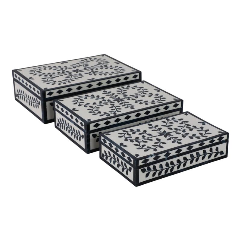 Resin Wood Decorative Boxes Modern Stylish Sleek Design (Set of 3) - 12" x 8" x 4" - Blue - 12" x 8" x 4"