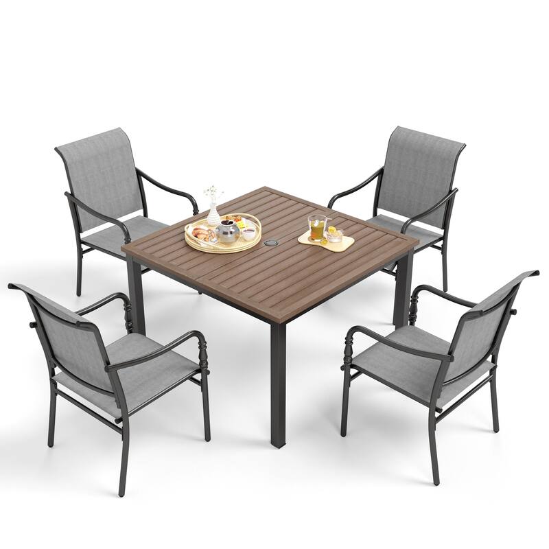MAISON ARTS 5-Piece Patio Dining Set, Square Brown Metal Dining Table and 4 Gourd Head Shape Armrest Chairs