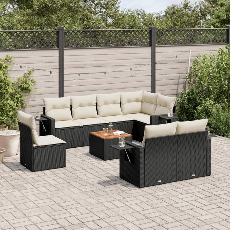 vidaXL Patio Sofa Set with Cushions Outdoor Furniture 9 Piece Poly Rattan - 24.4 x 25.8 x 27.2 - Black and Cream 3x middle + corner + Table