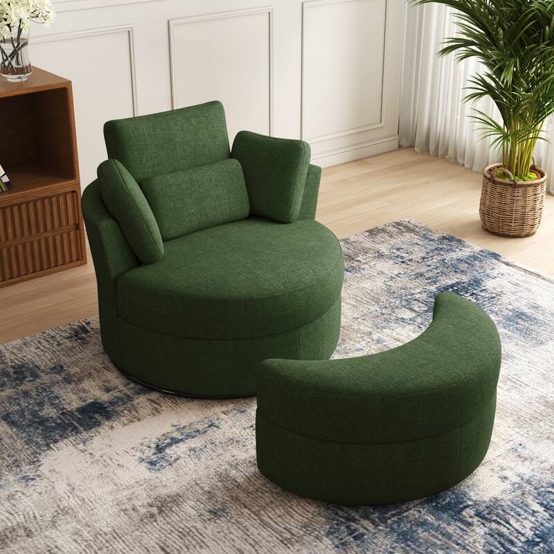 Oversized Upholstered Swivel Barrel Chairs with Storage Ottoman - Green