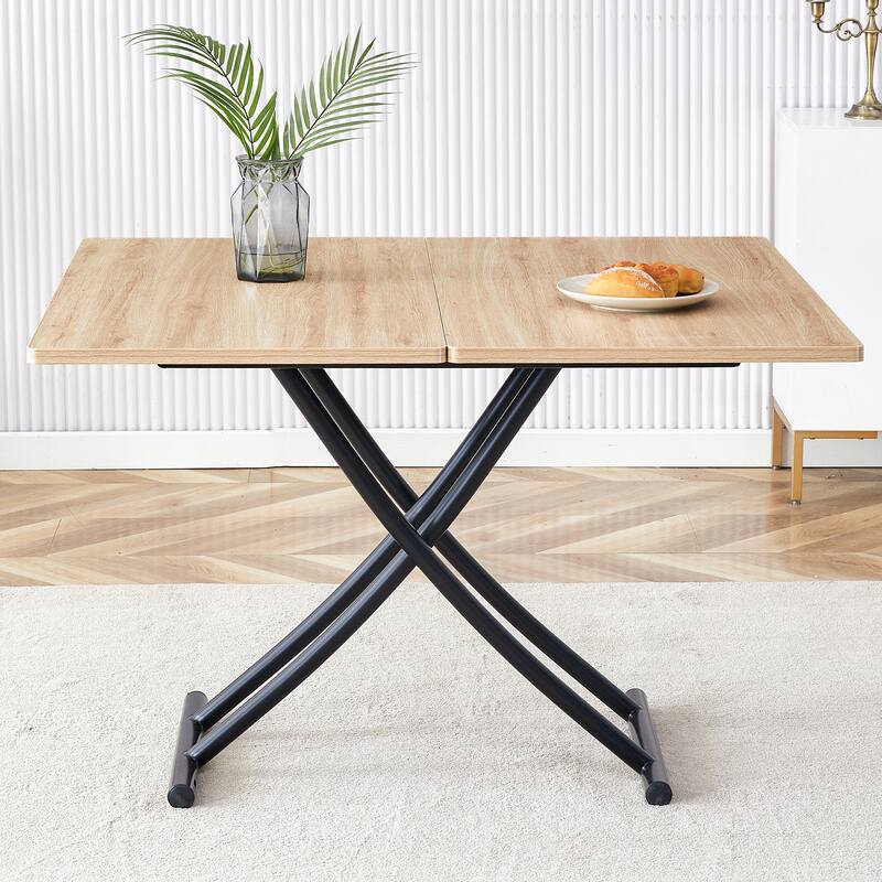 Modern Minimalist Multifunctional Lift Dining Tble with 0.8-inch MFC Tabletop and Black Metal Legs - Black+Wood