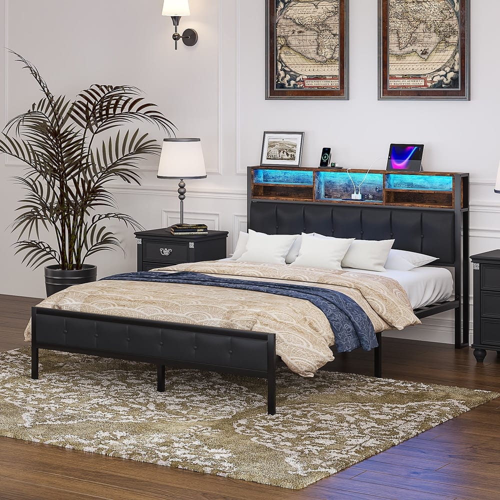 Javlergo Upholstered Platform Bed Frame with LED Lights and Storage Headboard LED Bed Frame with Outlets and USB Ports