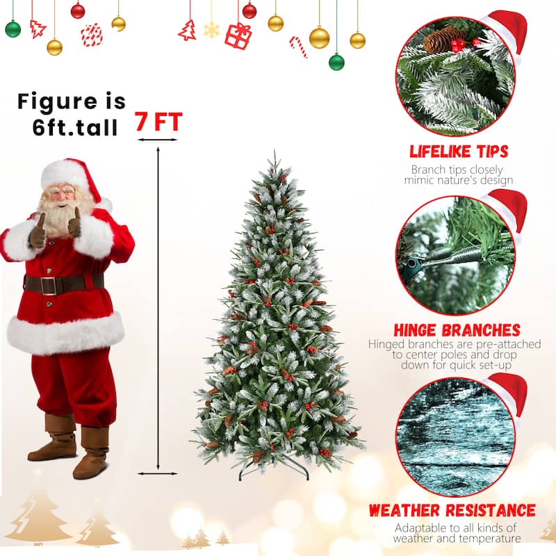 Artificial Christmas Tree - Snow-Dusted PE+PVC Branches, Red Berries, Pine Cones, Hinged Design, Metal Stand - Green,White
