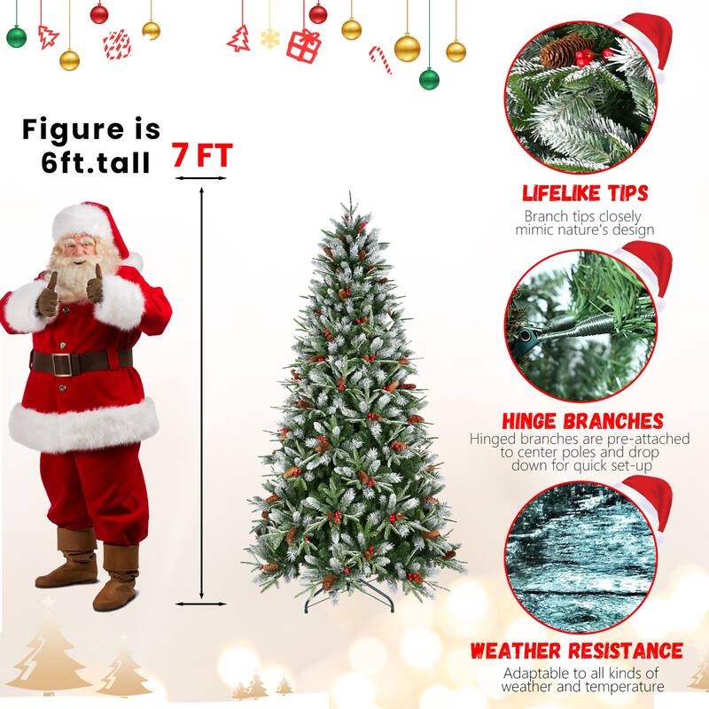 Artificial Christmas Tree - Snow-Dusted PE/PVC Branches, Red Berries, Pine Cones, Metal Stand - Green,White