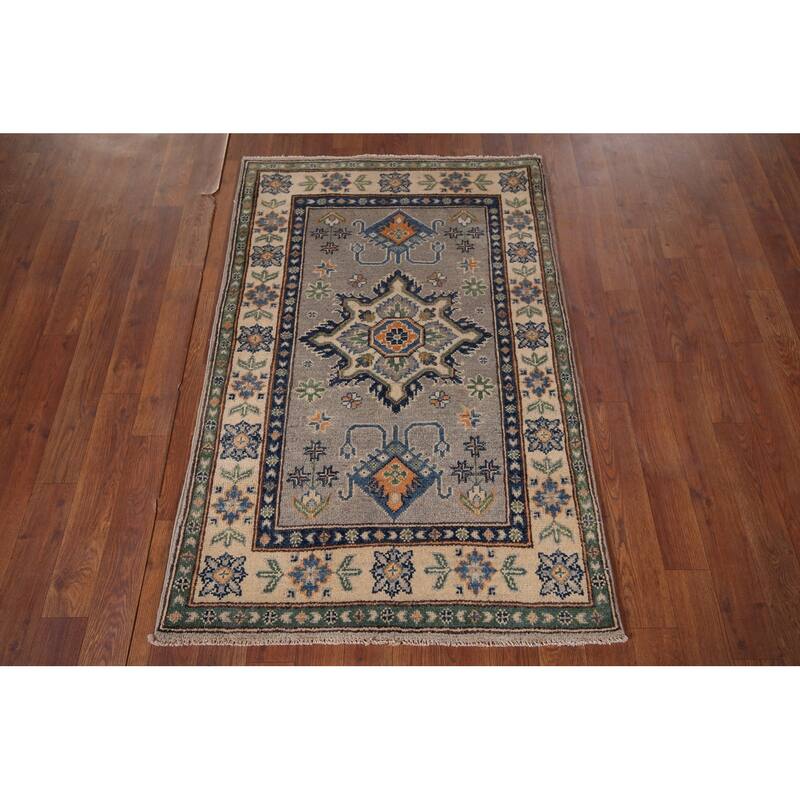 Geometric Kazak Foyer Rug Handmade Grey Wool Carpet - 2'9" x 4'0"
