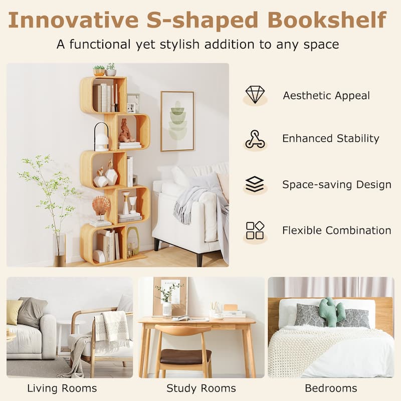 Gymax 2PCS 5-Tier S-Shaped Bookcase w/ 5 Open Cubes Geometric Corner