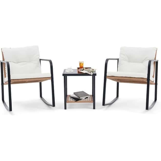 3 Pieces Rocking Wicker Bistro Set, Patio Outdoor Furniture Conversation Sets with Porch Chairs and Glass Coffee Table