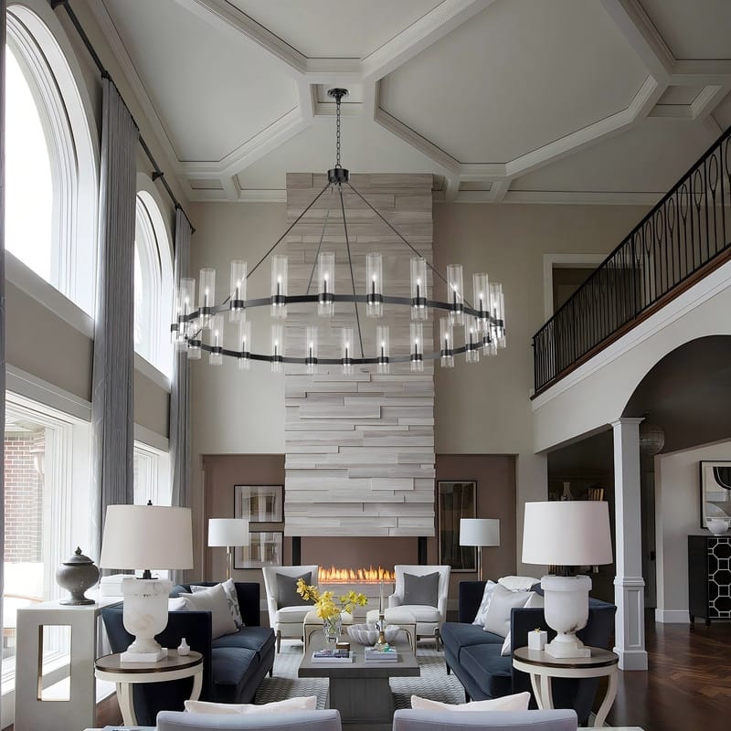 Black Wagon Wheel Chandelier with Glass Shades Adjustable Farmhouse Pendant Light for High Ceilings