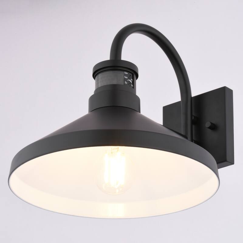 VAXCEL Highland Park Matte Black and White Motion Sensor Dusk to Dawn Outdoor Wall Sconce Light Fixture, Steel Shade