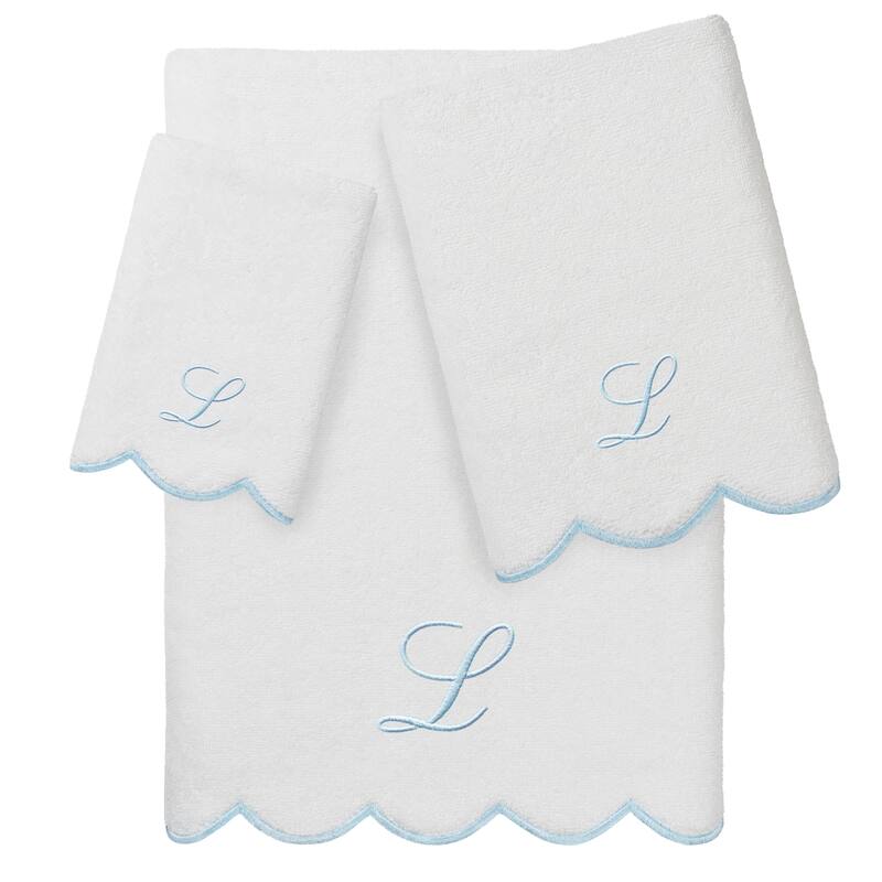 Authentic Hotel and Spa 100% Turkish Cotton Blue ADORNIA Scallop Personalized 3 Piece Towel Set - 3 Piece Set - L