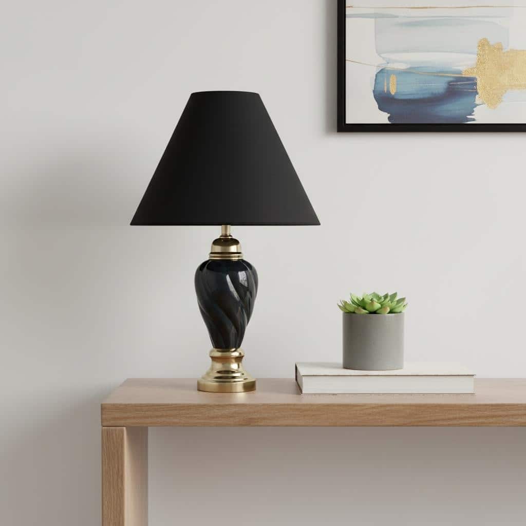 HomeRoots Gold and Navy Blue Table Lamp with Navy Blue Shade - 14.00 in. x 22.00 in. x 14.00 in.
