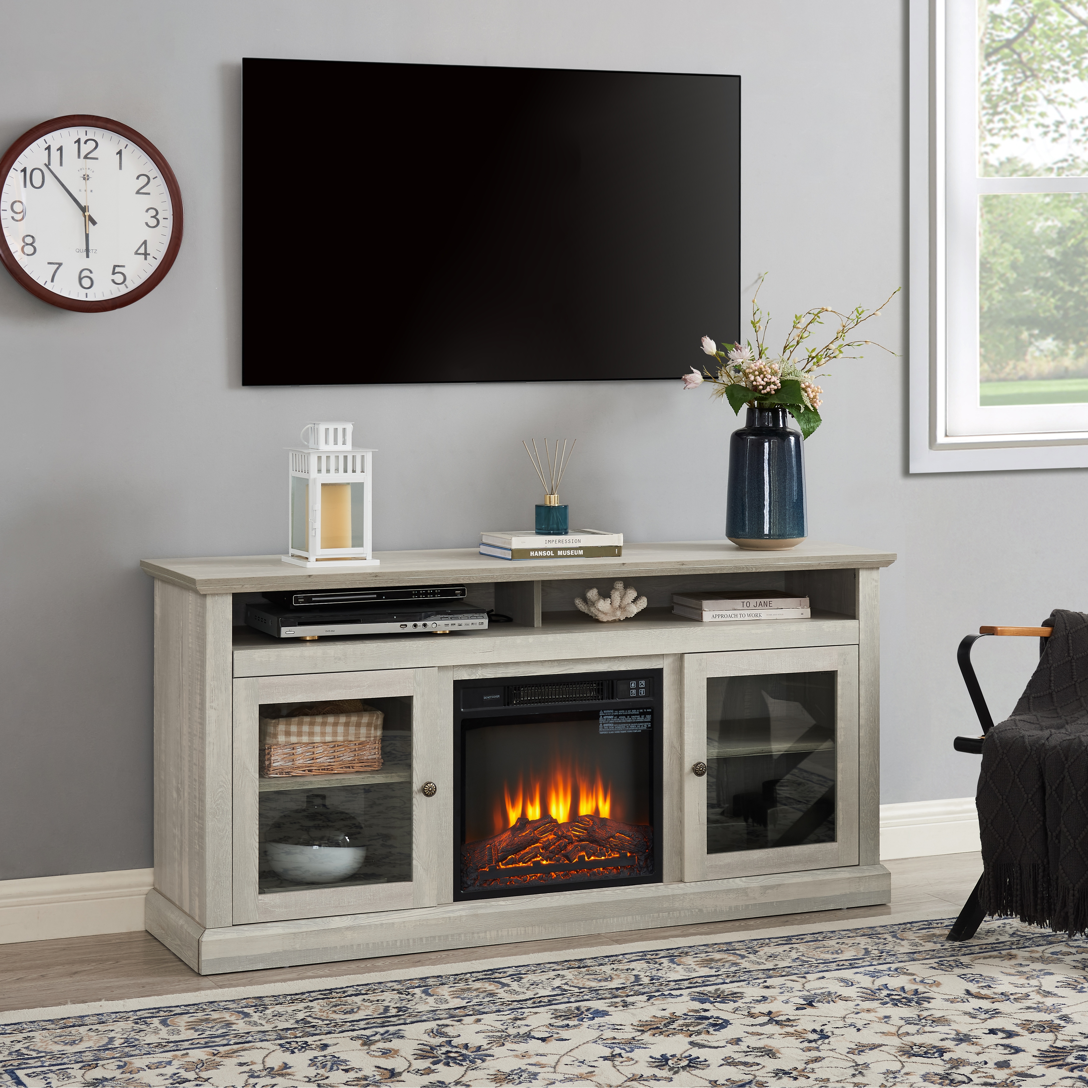 Electric fireplace tv top stand with stone
