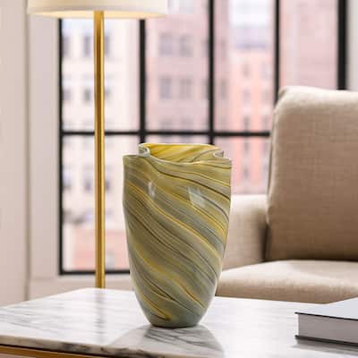 Keyan Accent Vase Ribbon Like Design, Tan Gray Yellow Glass, 11 Inch