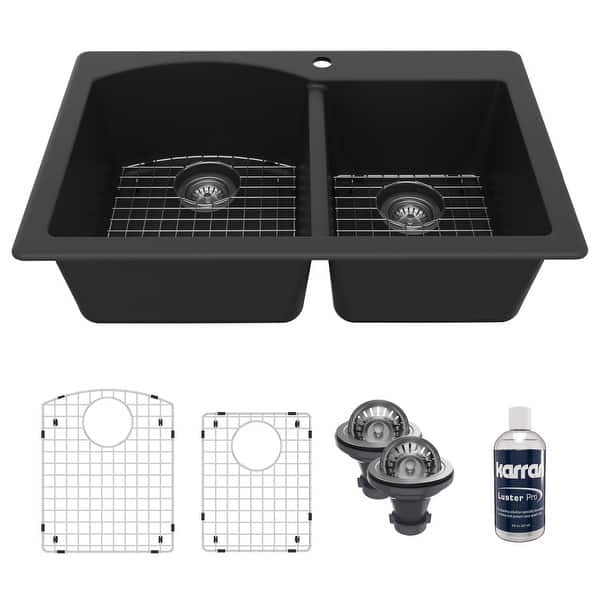slide 2 of 19, Karran Drop-In Quartz 33 in. 1-Hole 60/40 Double Bowl Kitchen Sink Kit Black