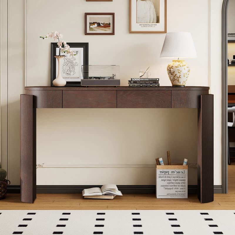 55.1" Wood Entryway Table with Fluted Design Legs and Two Storage Drawers