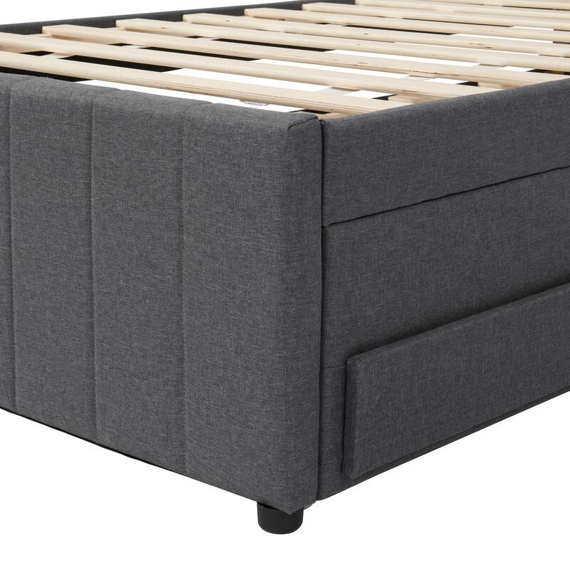 Full Size Upholstered Platform Bed Frame with Twin Size Trundle and 3 Storage Drawer, Linen Fabric for Comfort and Style