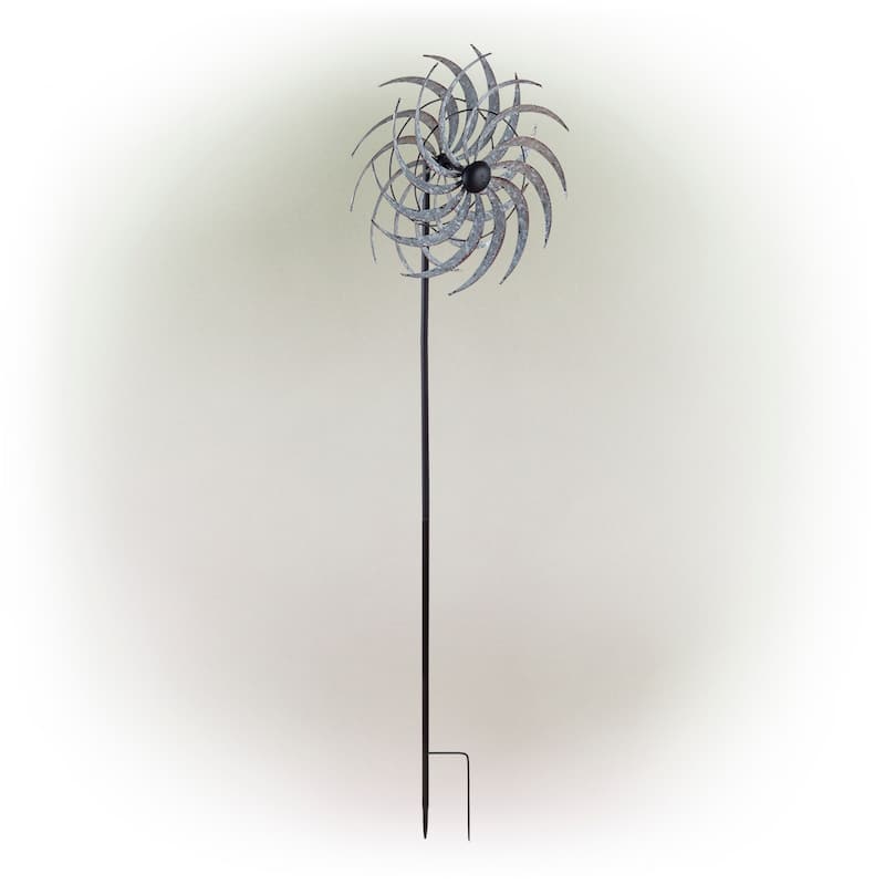 Alpine Corporation 58" Tall Outdoor Galvanized Metal Dual Windmill Spinner Stake Yard Decoration, Silver