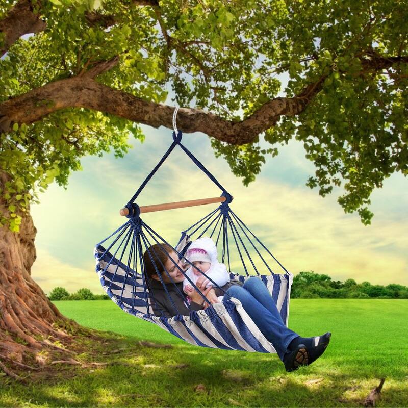 Cotton Canvas Swing Seat Hanging Hammock Chair with Pillows and Wooden Bar for Indoor or Outdoor - 39” x 51”