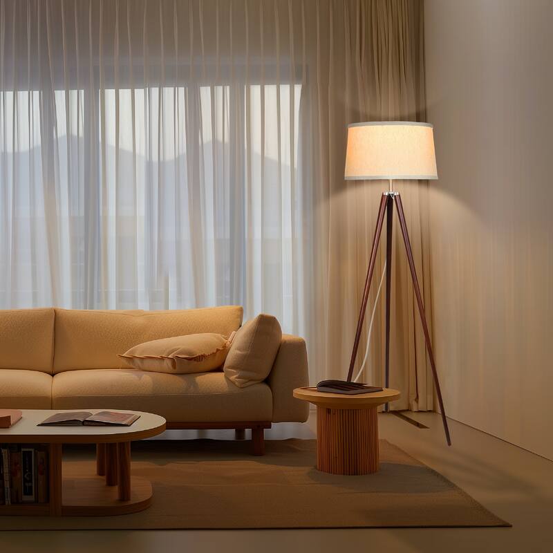 Brightech Emma 61 in. Mid-Century Modern LED Super Bright Floor Lamp with Beige Fabric Drum Shade